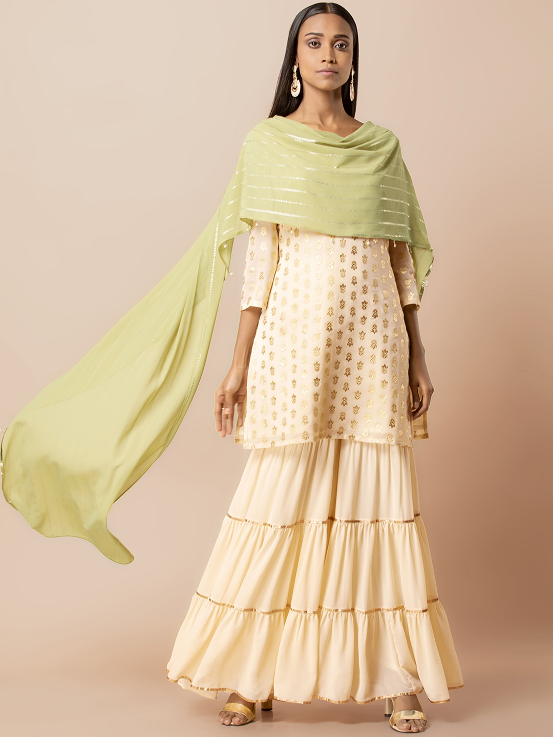 

INDYA Cream & Green Colored Printed Short Kurti With Attached Striped Dupatta