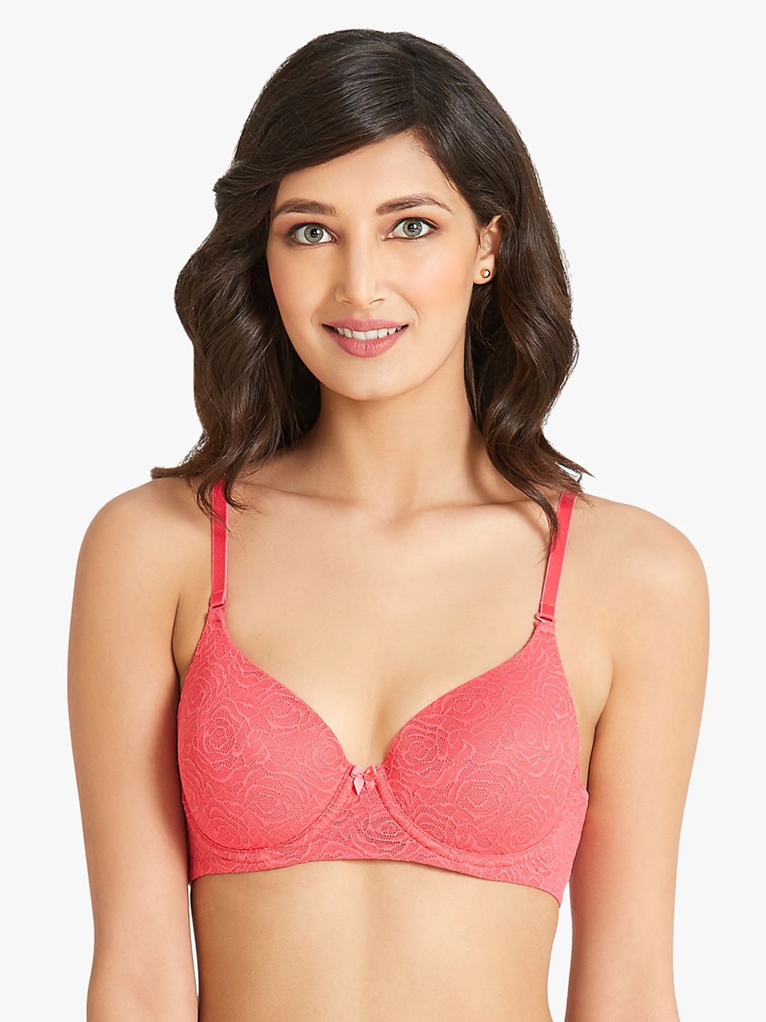 

Amante Padded Wired Smooth Romance Lace T-Shirt Bra BRA30401, Coral