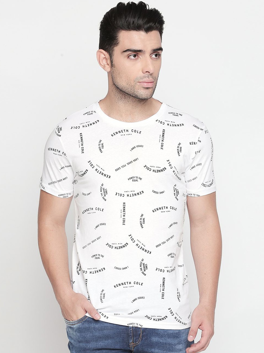 

Kenneth Cole Men White Black Printed Slim Fit Round Neck Pure Cotton T-shirt