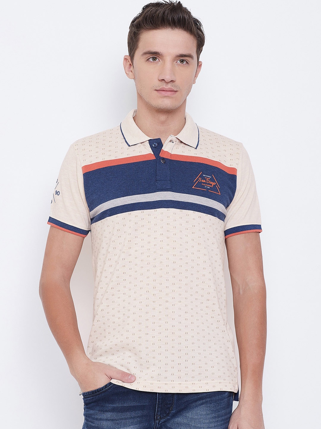 

Duke Men Cream-Coloured Printed Polo Collar T-shirt