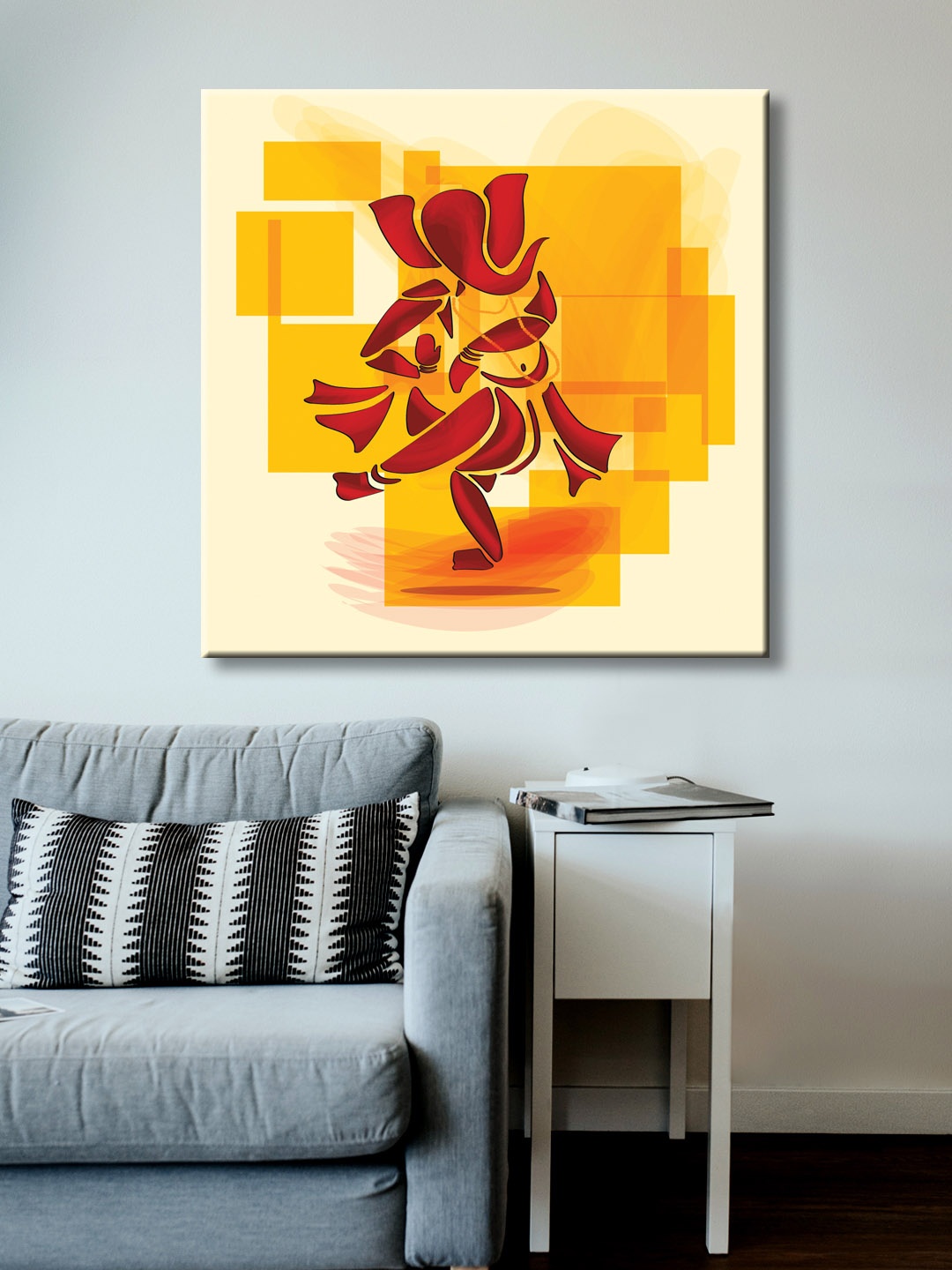 

999Store Yellow Hand-Painted Lord Ganesha Dancing Wall Painting