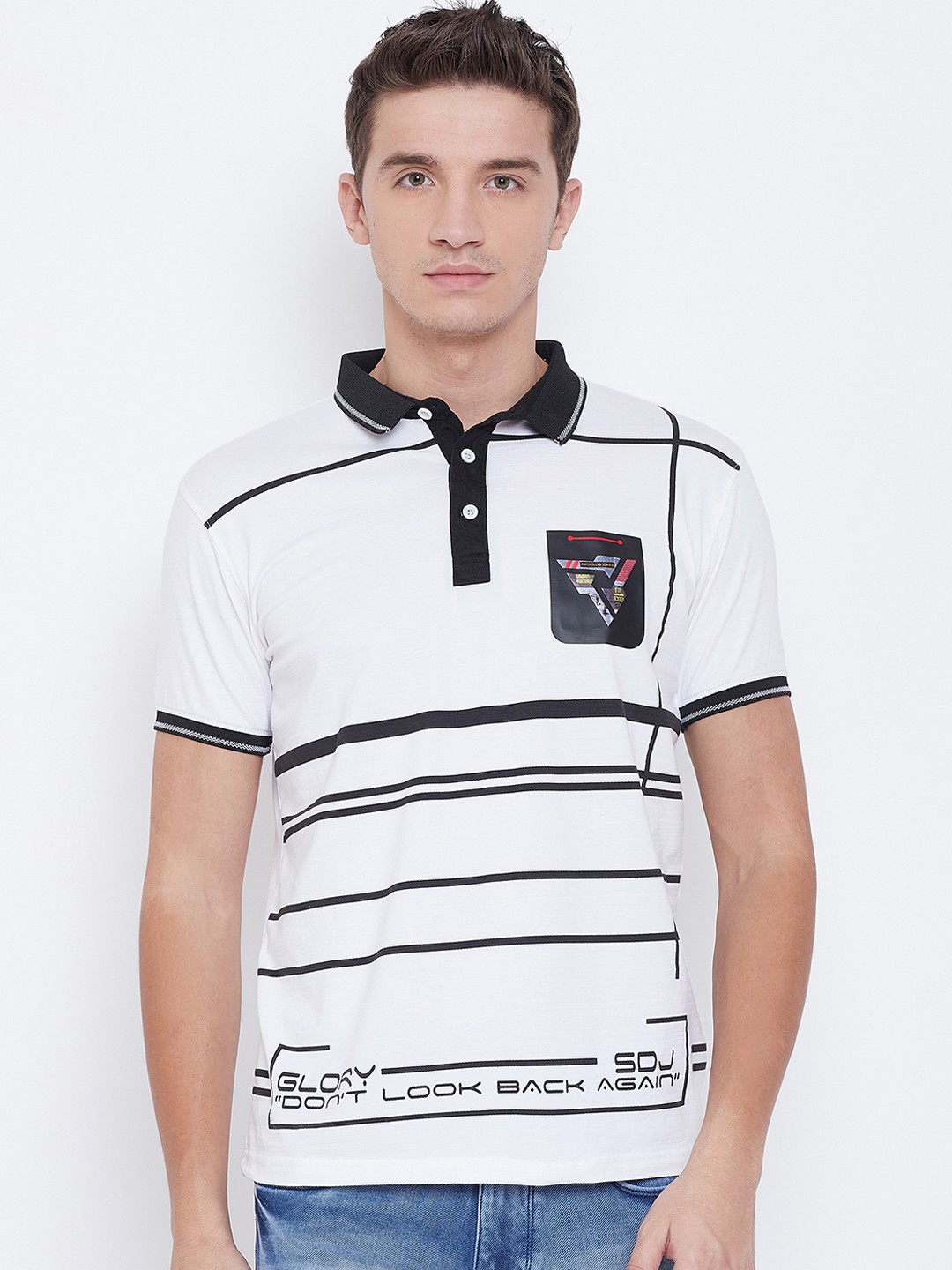 

Duke Men White Striped Polo Collar T-shirt