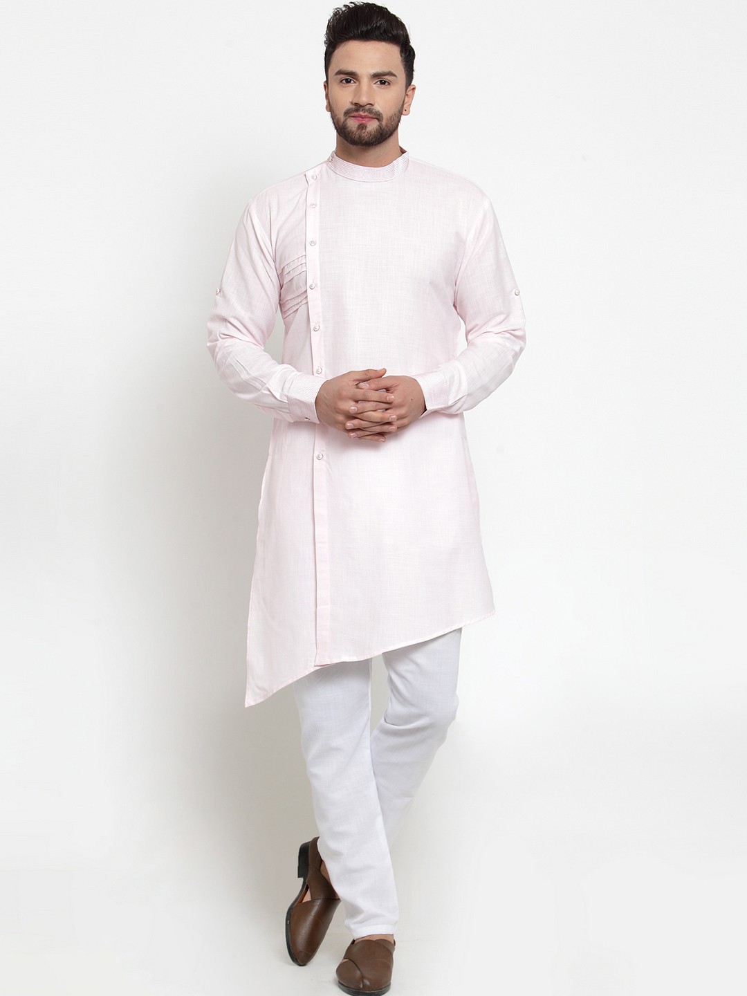 

TREEMODA Men Pink & White Solid Linen Kurta with Pyjamas