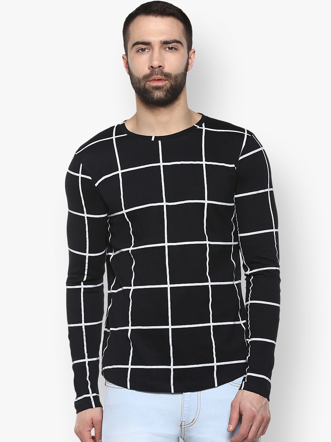 

Urbano Fashion Men Black & White Checked Round Neck T-shirt