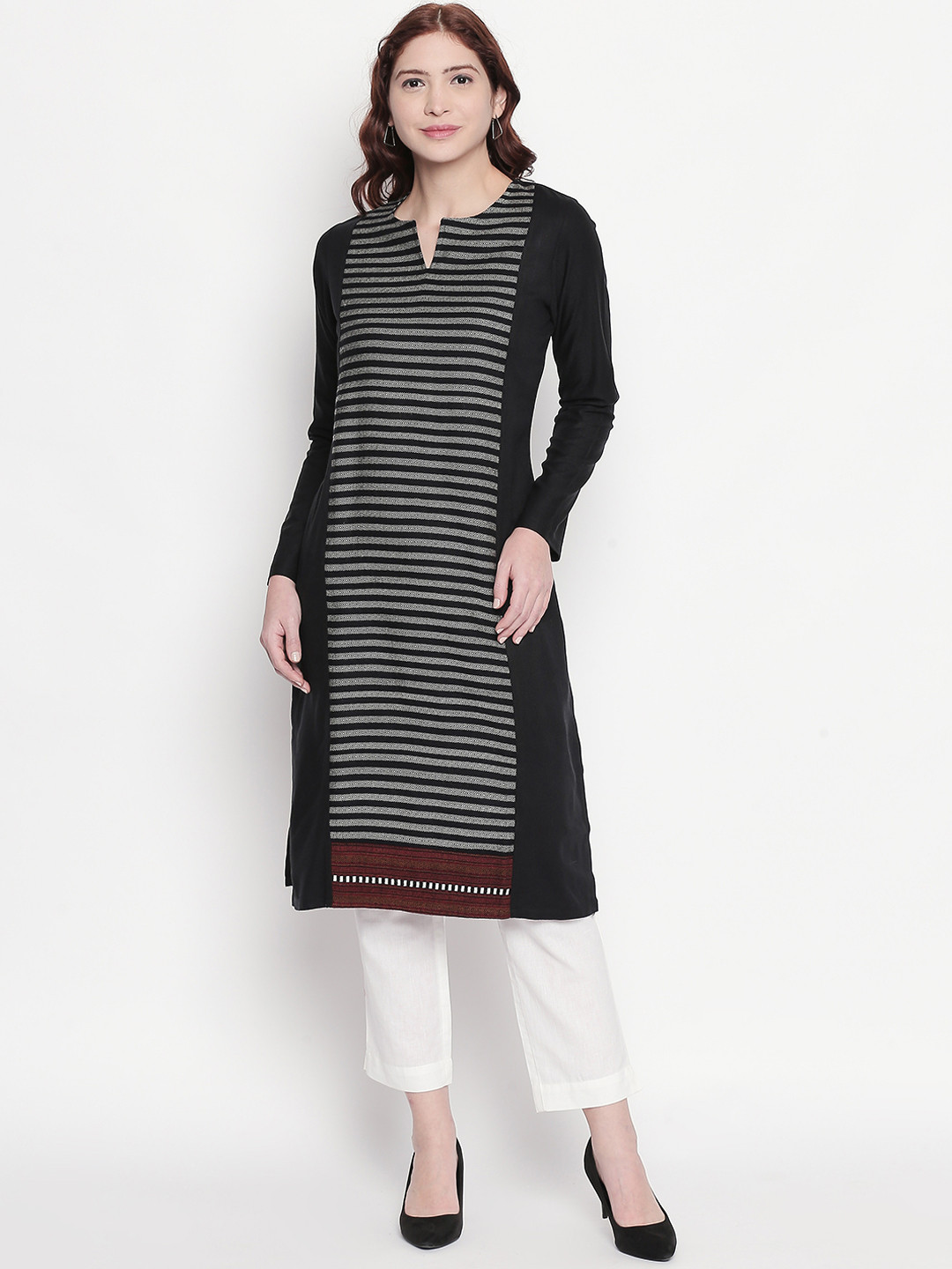 

RANGMANCH BY PANTALOONS Women Black & Grey Striped Straight Kurta
