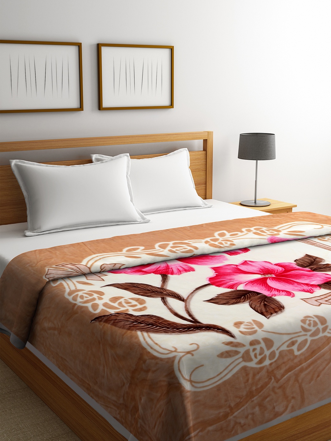 

BOMBAY DYEING Brown & White Floral Heavy Winter 680 GSM Double Bed Blanket