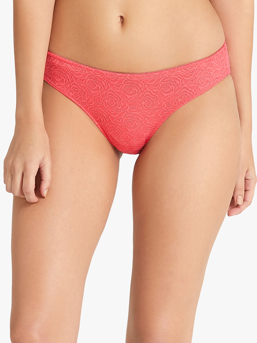 

Amante Women Coral Red Self Design Floral Lace Bikini Brief PAN30401