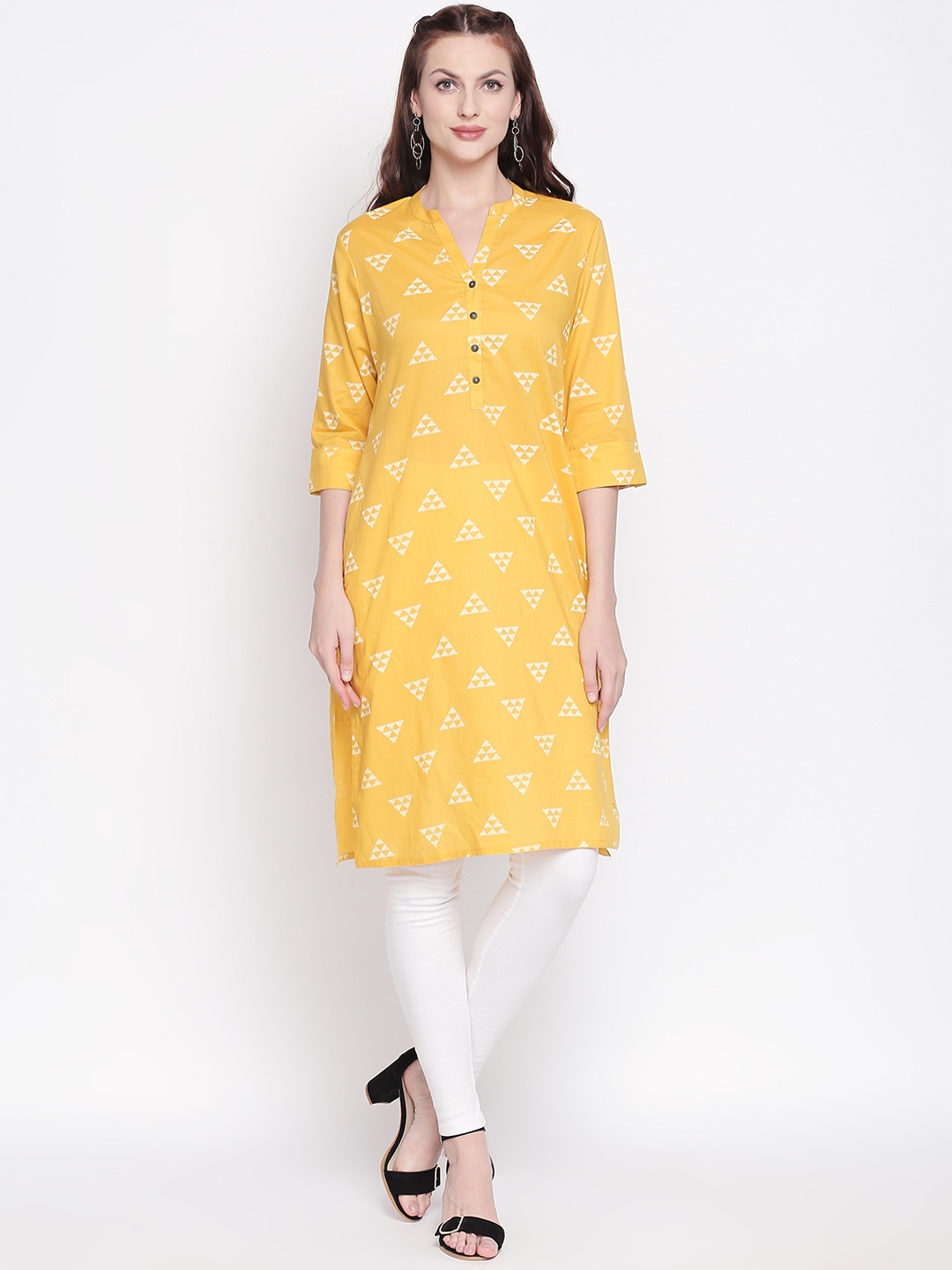 

RANGMANCH BY PANTALOONS Women Yellow & White Printed Straight Kurta