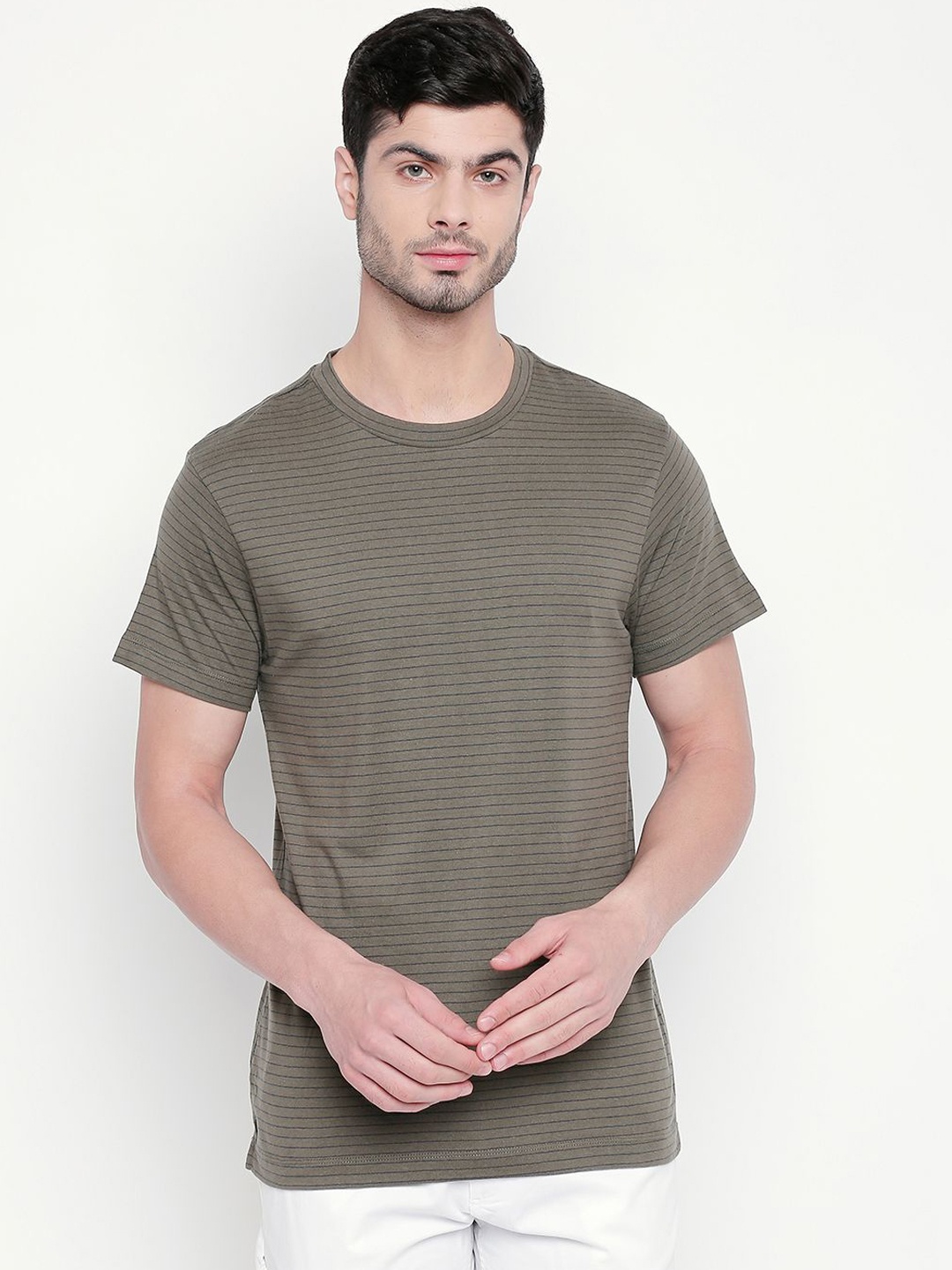 

Kenneth Cole Men Olive Brown Striped Round Neck T-shirt