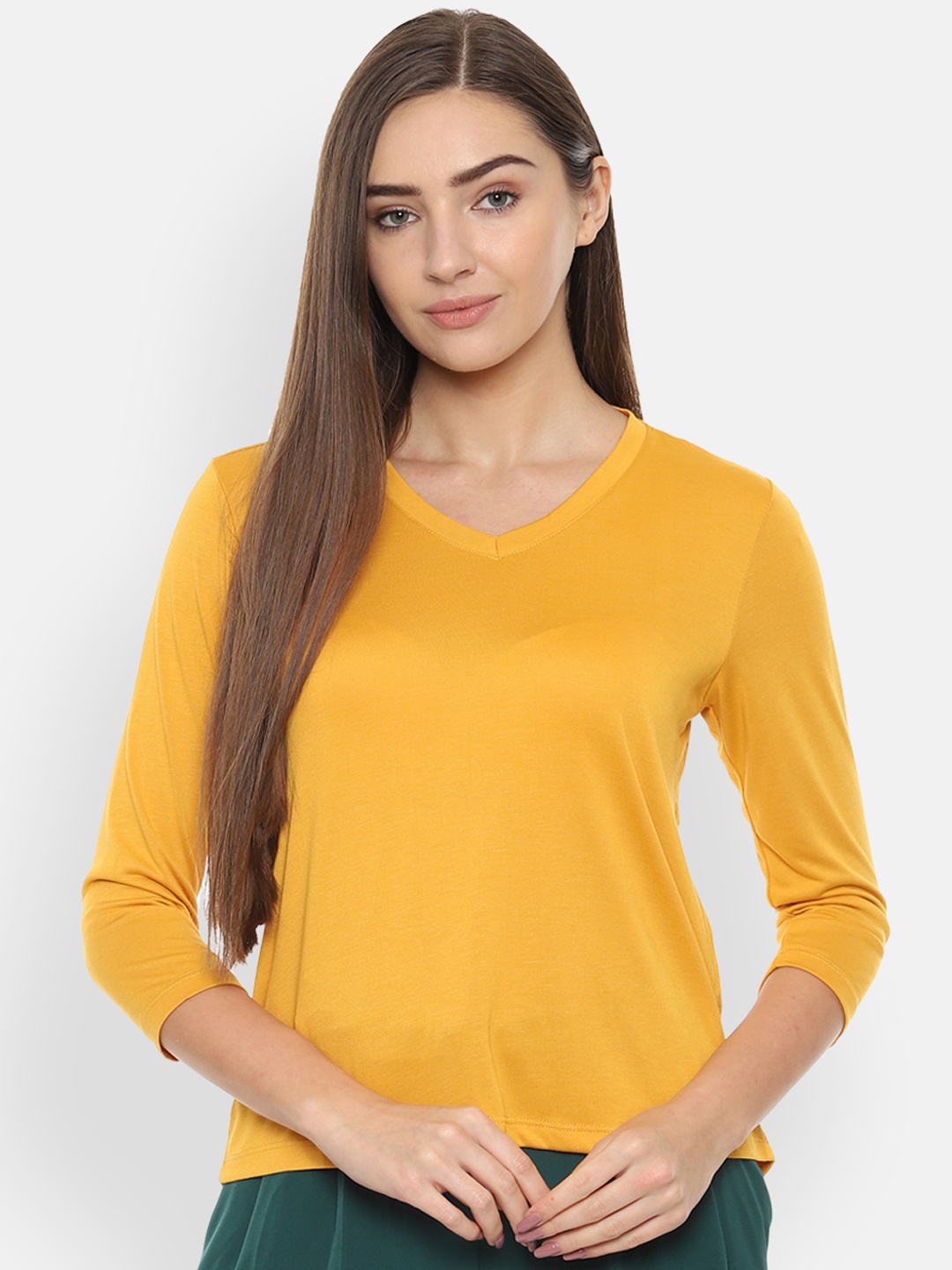 

Van Heusen Women Mustard Yellow Solid Top
