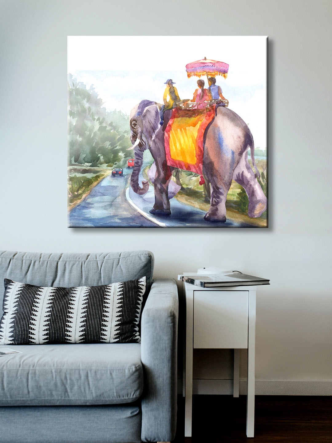 

999Store Brown, Grey & Yellow Hand-Painted Elephant Ride Wall Painting