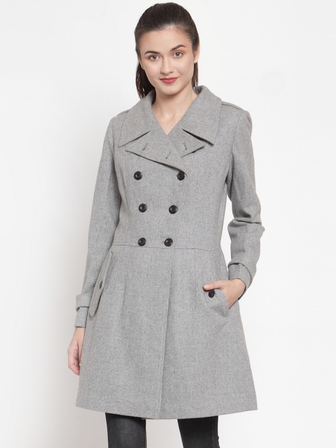 

Owncraft Women Grey Solid Double-Breasted Longline Woolen Princess Coat