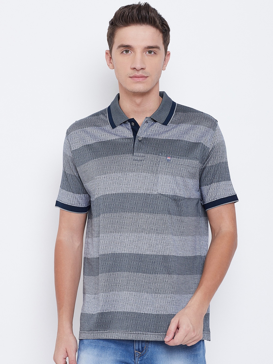 

Duke Men Blue Striped Polo Collar T-shirt