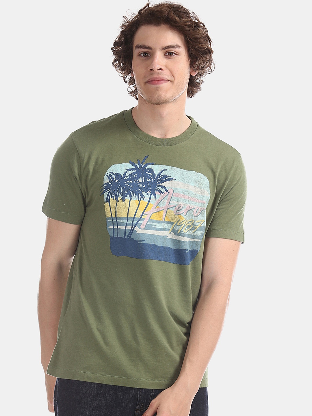 

Aeropostale Men Green Printed Round Neck Pure Cotton T-shirt