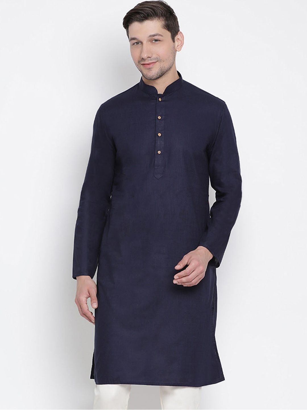 

VASTRAMAY Men Navy Blue Solid Straight Kurta