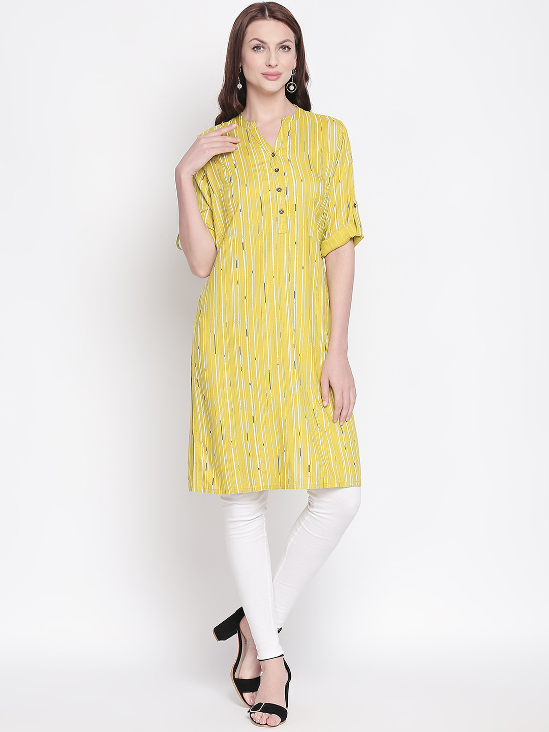 

RANGMANCH BY PANTALOONS Women Lime Green Striped Straight Kurta
