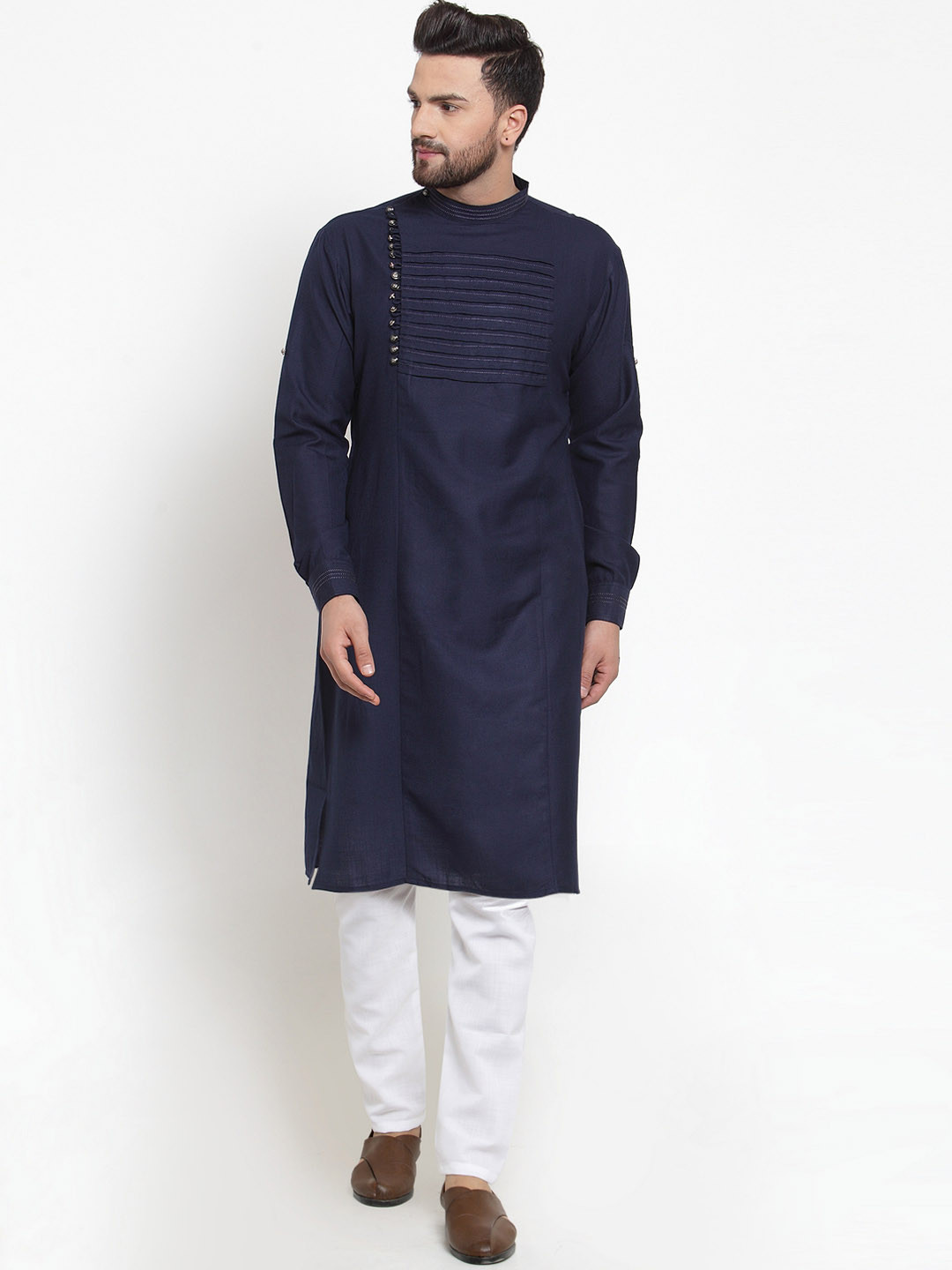 

TREEMODA Men Navy Blue & White Solid Linen Kurta with Pyjamas