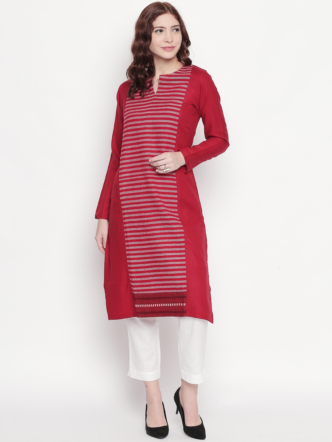 

RANGMANCH BY PANTALOONS Women Red & White Striped Straight Kurta