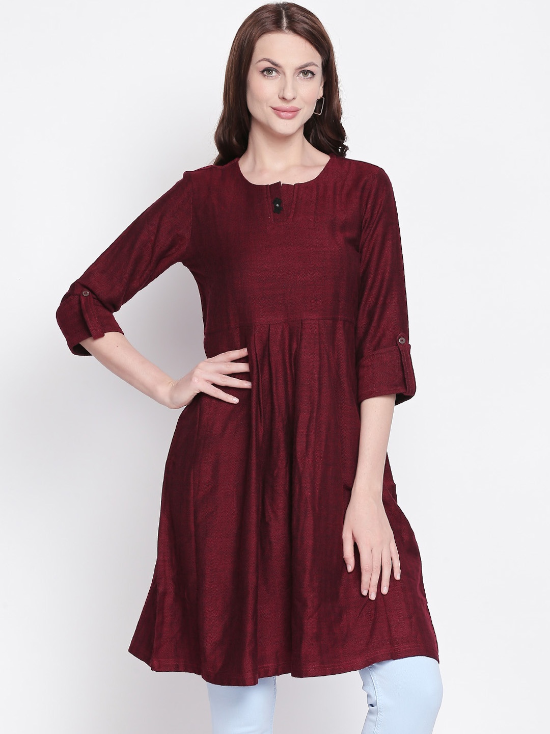 

Akkriti Women Solid Round Split Neck Deep Red Tunic, Maroon