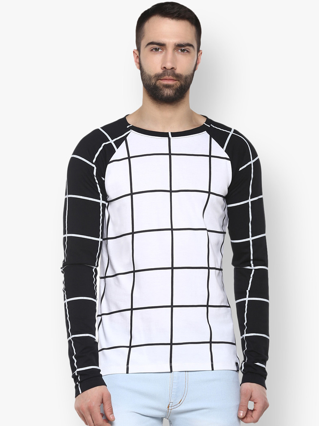 

Urbano Fashion Men White Checked Round Neck Pure Cotton T-shirt