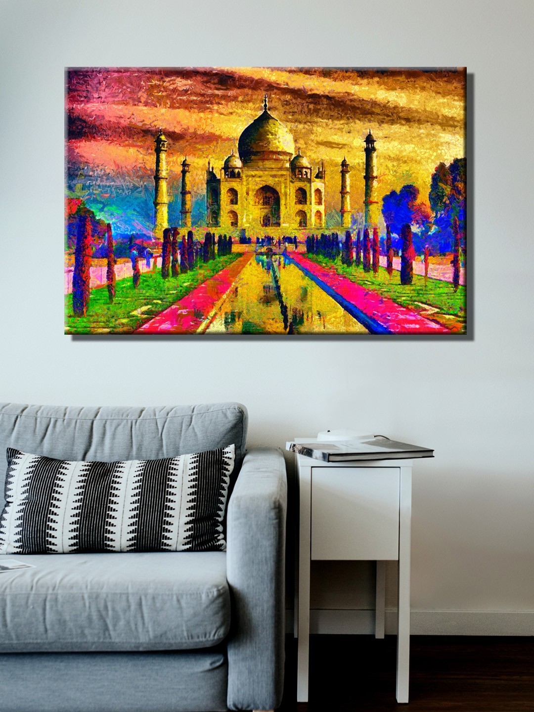 

999Store Multi Color Hand-Painted Taj Mahal Wall Painting