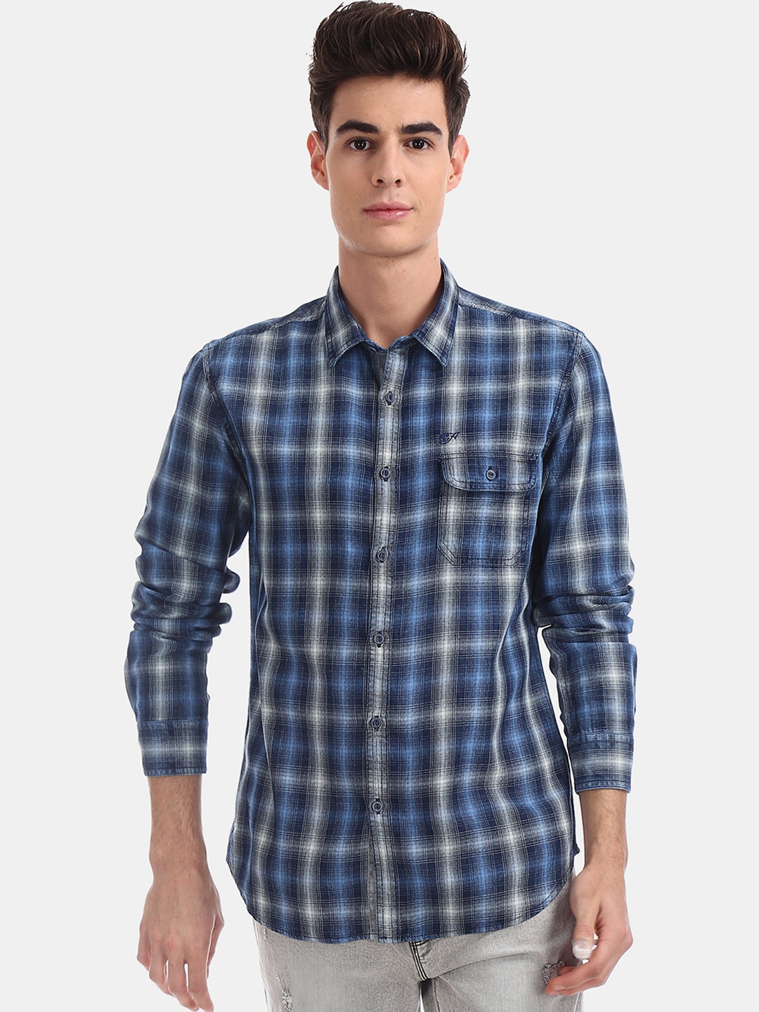 

Ed Hardy Men Blue & White Slim Fit Checked Casual Shirt