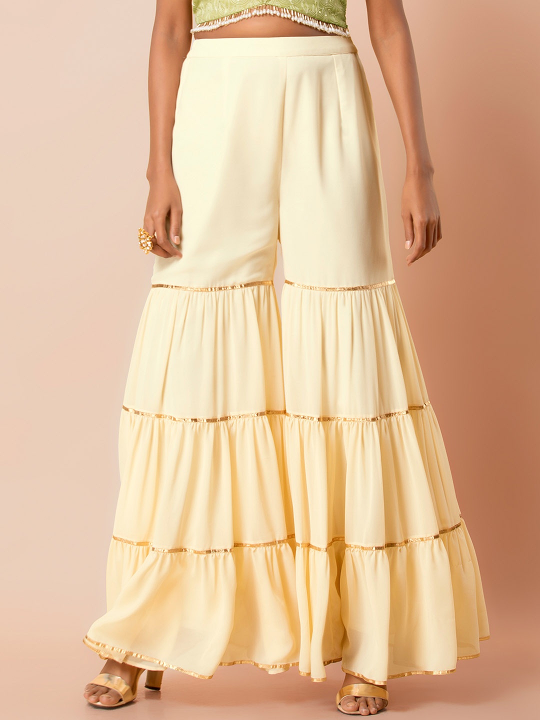 

INDYA Women Cream-Coloured Solid Flared Tiered Sharara Pants