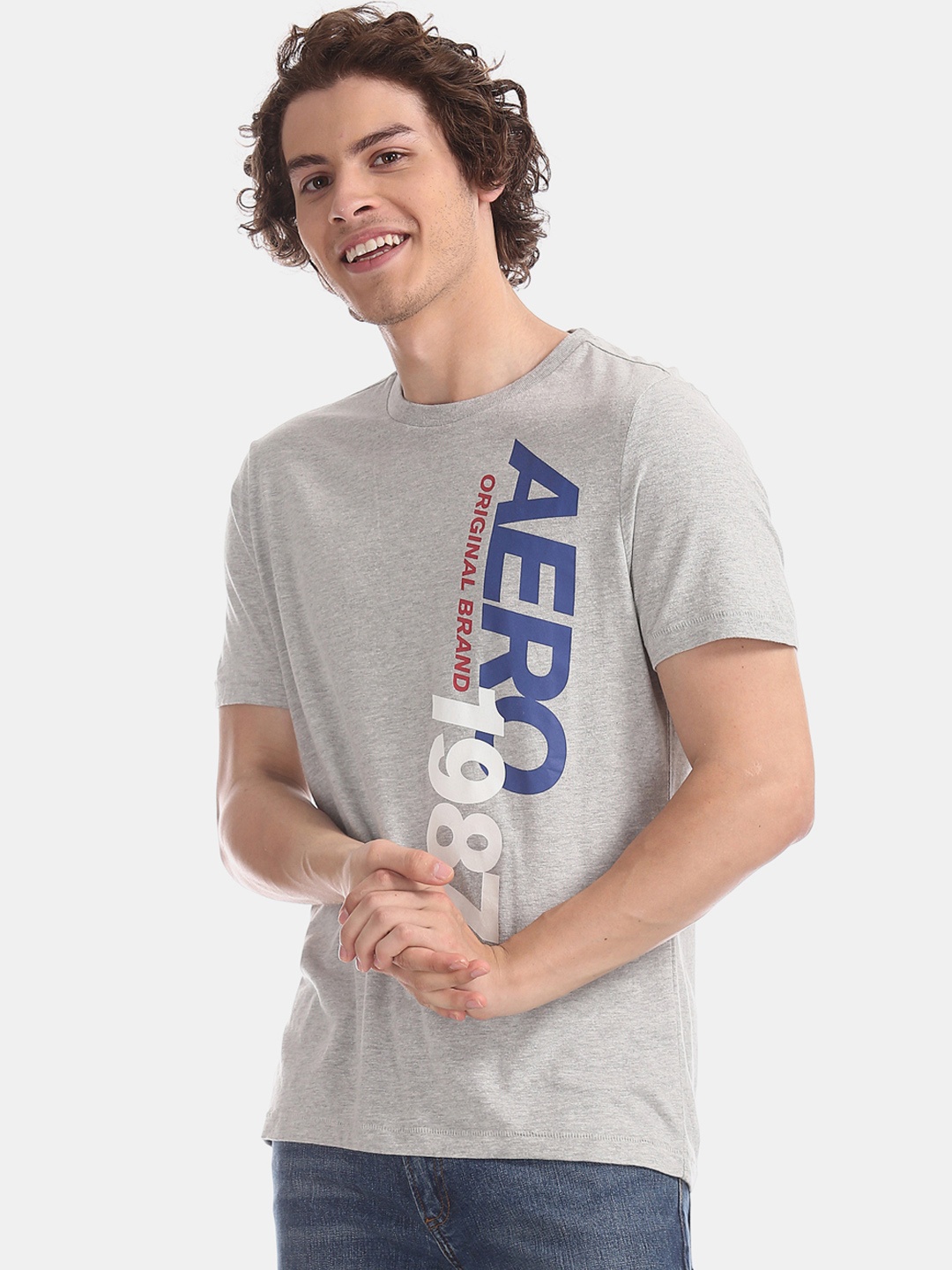 

Aeropostale Men Grey Printed Round Neck Pure Cotton T-shirt
