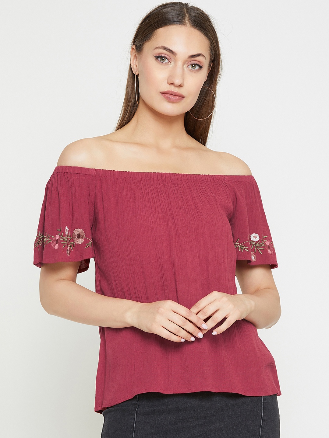 

Marie Claire Women Maroon Solid Bardot Top