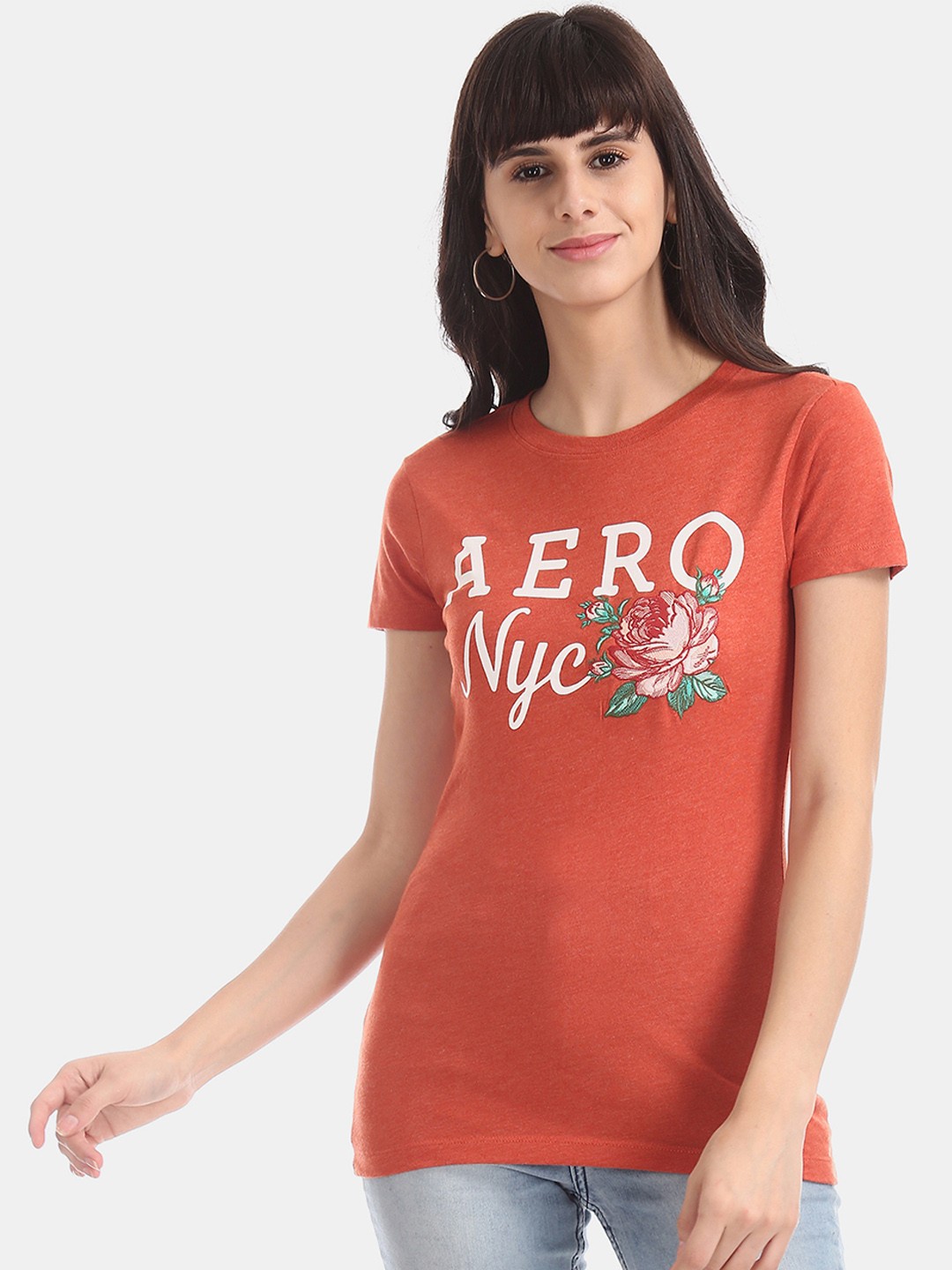 

Aeropostale Women Orange & Off-White Printed Round Neck T-shirt