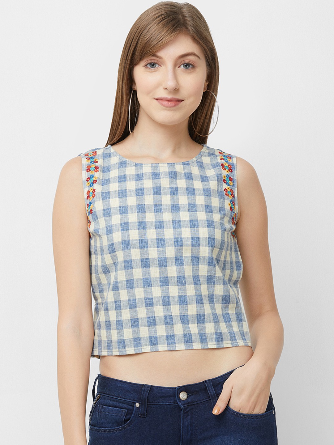 

Fusion Beats Women Blue & White Checked Top