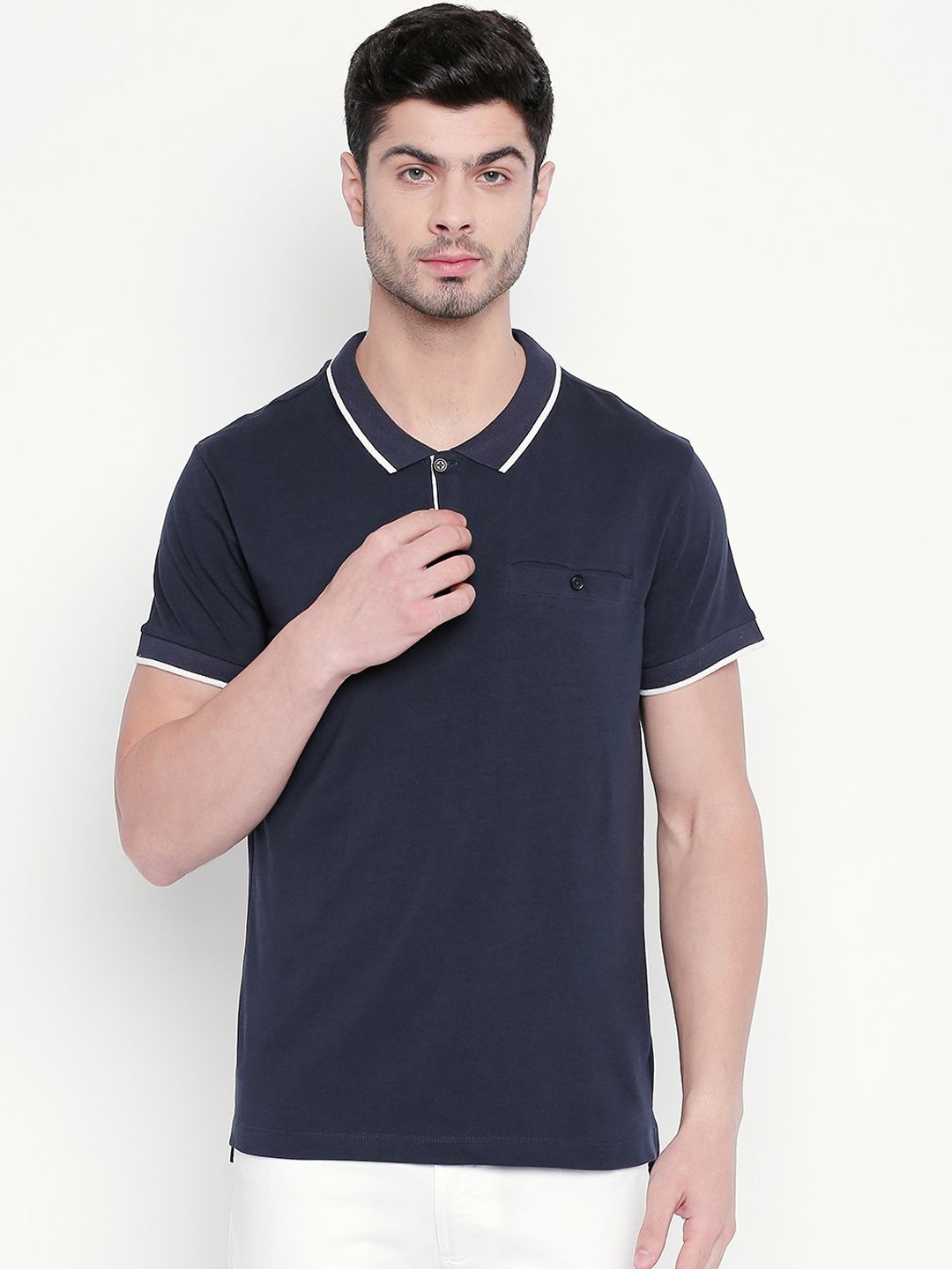 

Kenneth Cole Men Navy Blue Solid Polo Collar T-shirt