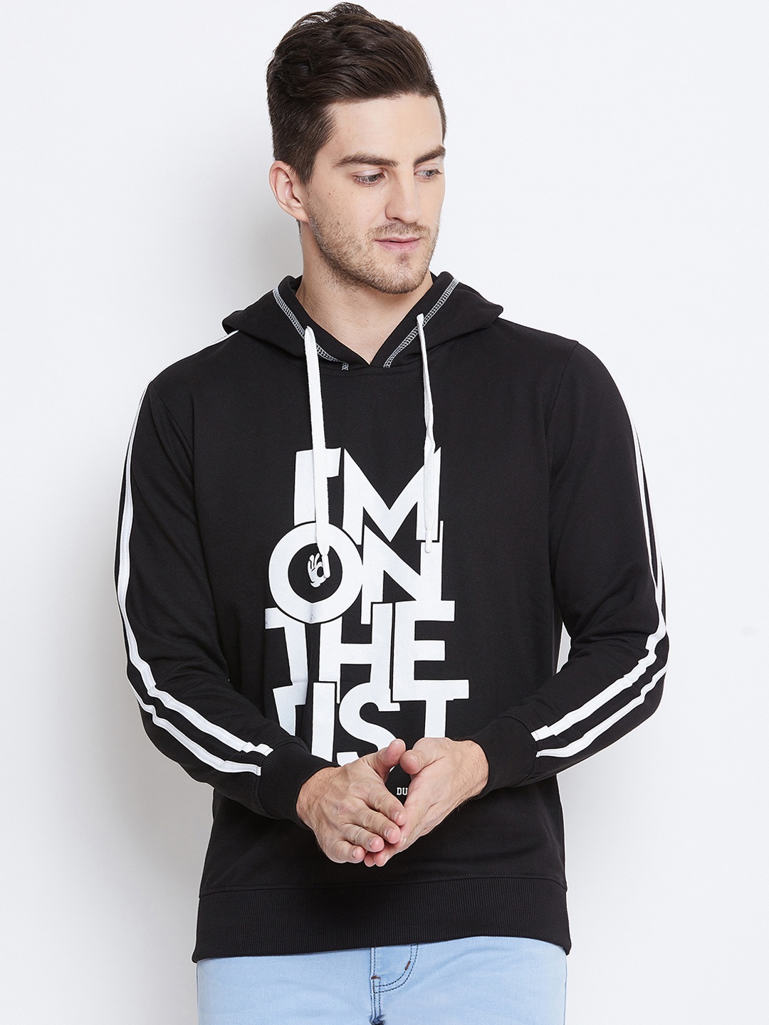 

Duke Men Black & White Printed Hooded Sweatshirt