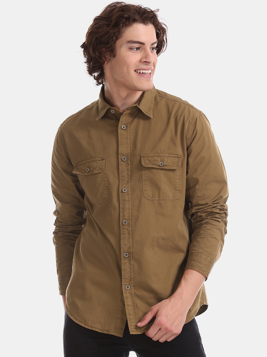 

Aeropostale Men Khaki Regular Fit Solid Casual Shirt