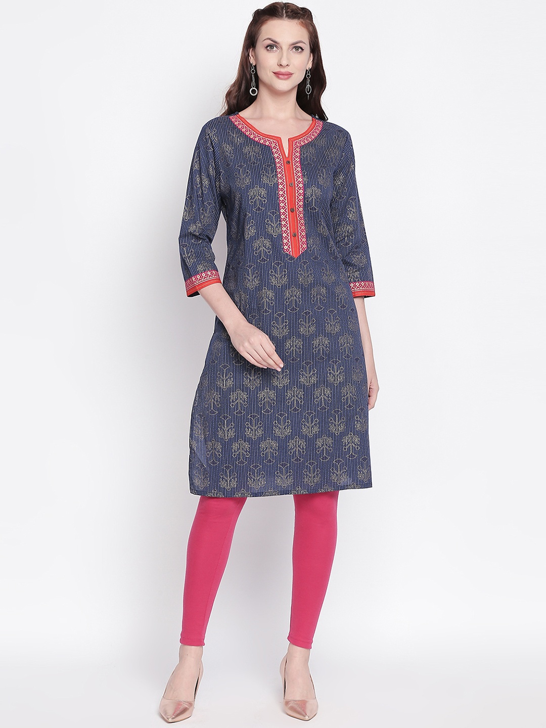 

RANGMANCH BY PANTALOONS Women Navy Blue Floral Print Straight Kurta