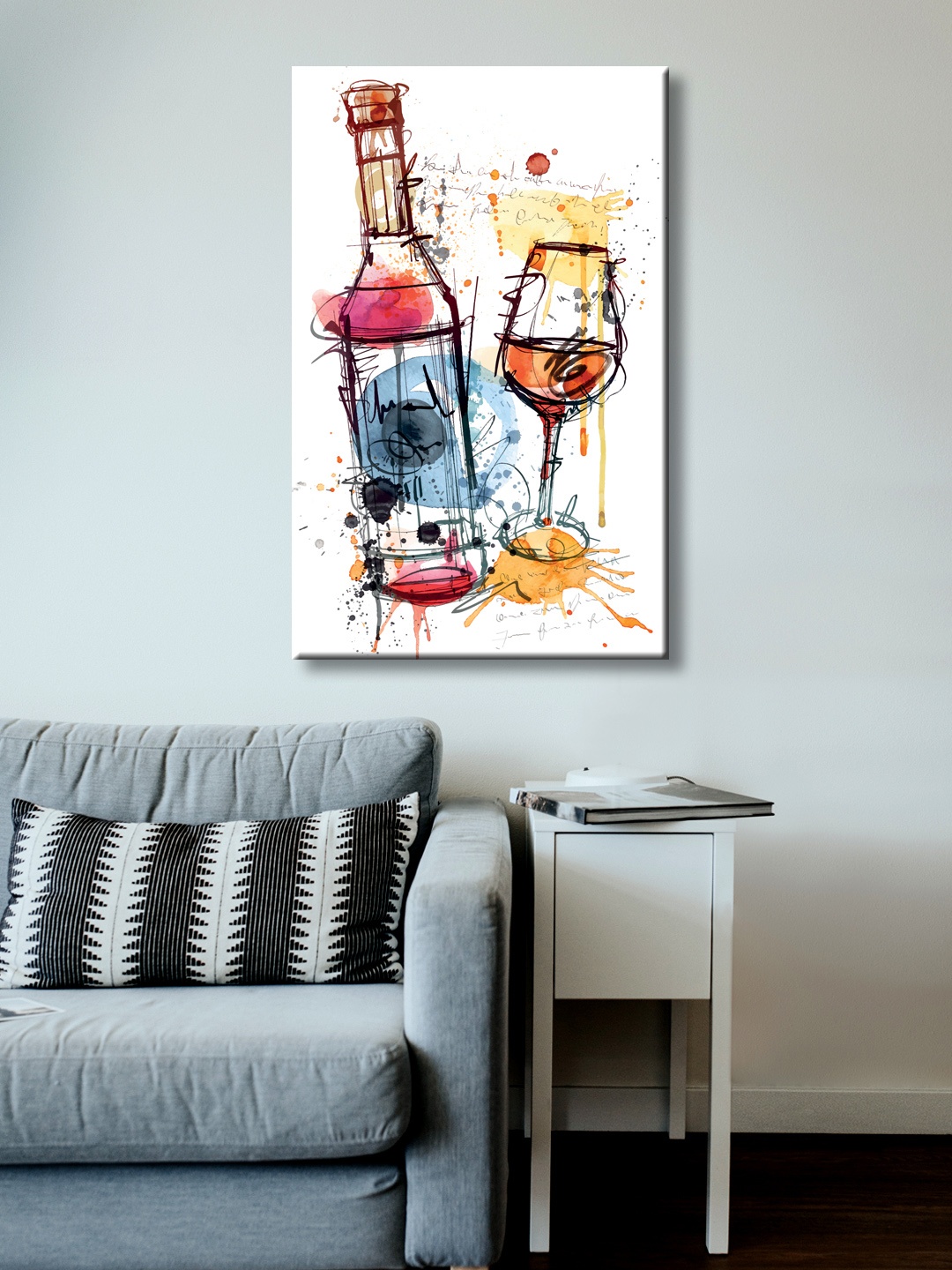 999Store Red, Blue & Orange Hand-Painted Wine Bottle & Glass Wall Painting
