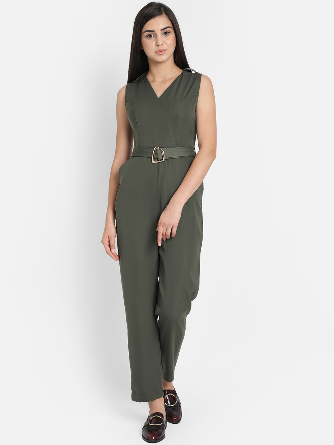 

COVER STORY Women Olive Green Solid Basic Jumpsuit