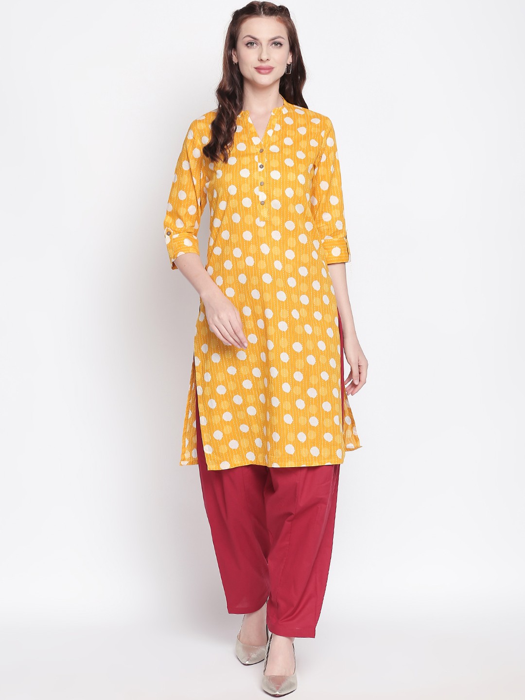 

RANGMANCH BY PANTALOONS Women Yellow & White Printed Straight Kurta