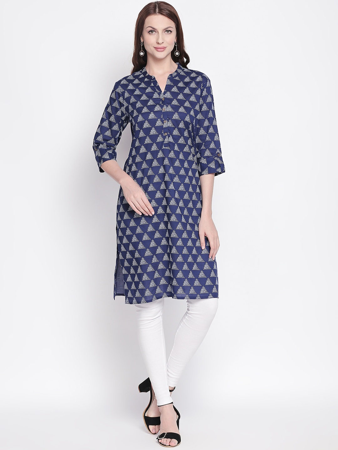 

RANGMANCH BY PANTALOONS Women Navy Blue & White Printed Straight Kurta