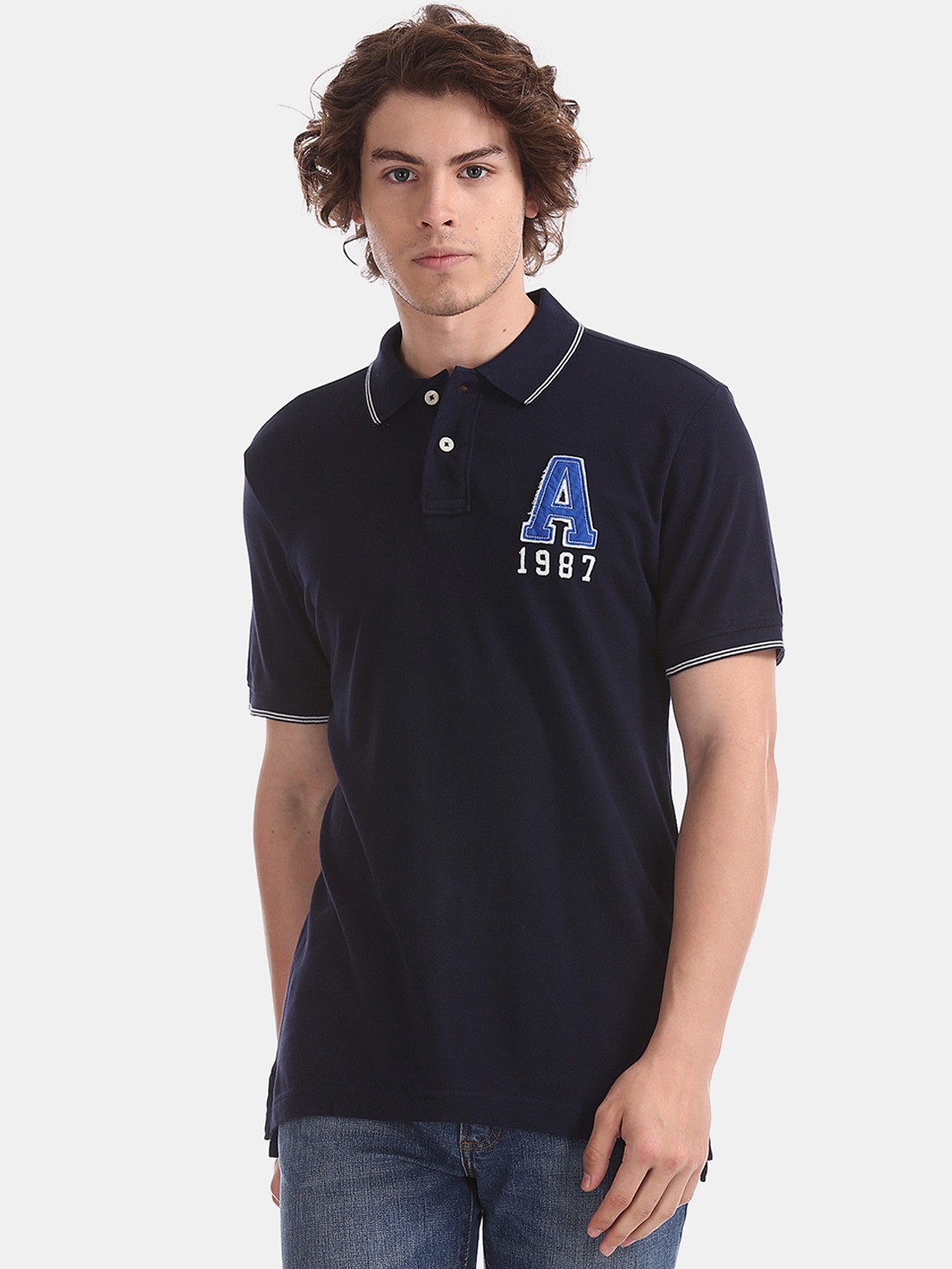 

Aeropostale Men Navy Blue Solid Polo Collar Pure Cotton T-shirt