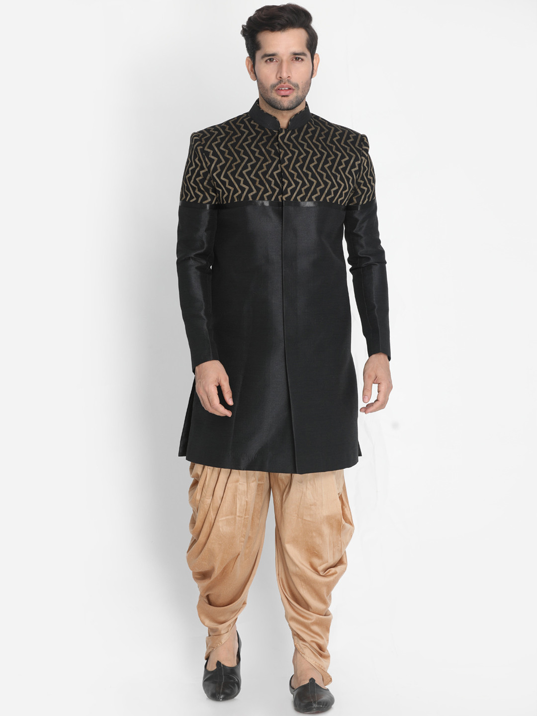 

VASTRAMAY Men Black & Beige Printed Sherwani With Dhoti Pants