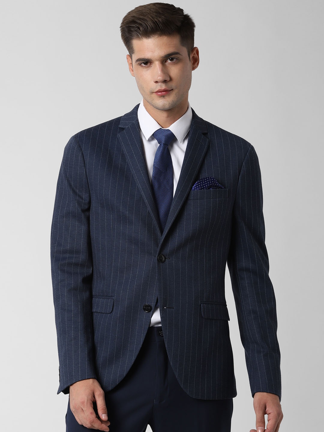 Peter England Men Navy Blue Striped Single-Breasted Slim-Fit Formal Blazer