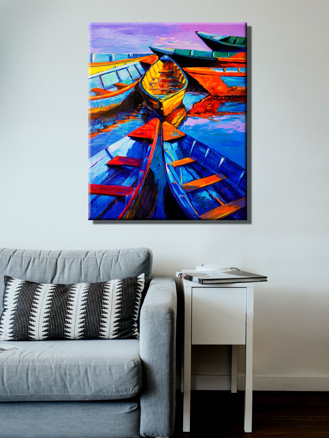 999Store Blue, Orange & Purple Hand-Painted Boat Wall Painting
