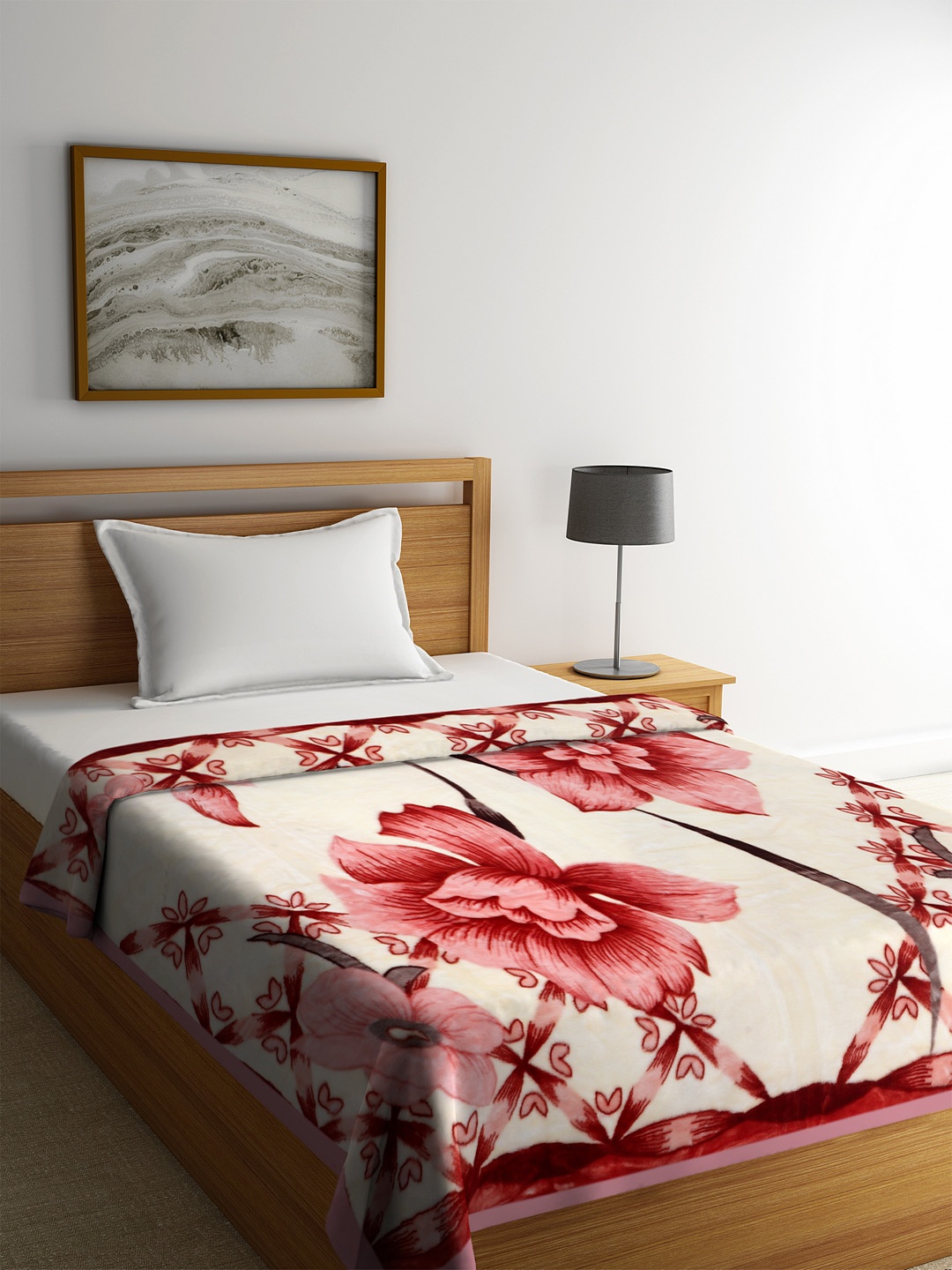 

BOMBAY DYEING Maroon & Off-White Floral Heavy Winter 610 GSM Single Bed Mink Blanket