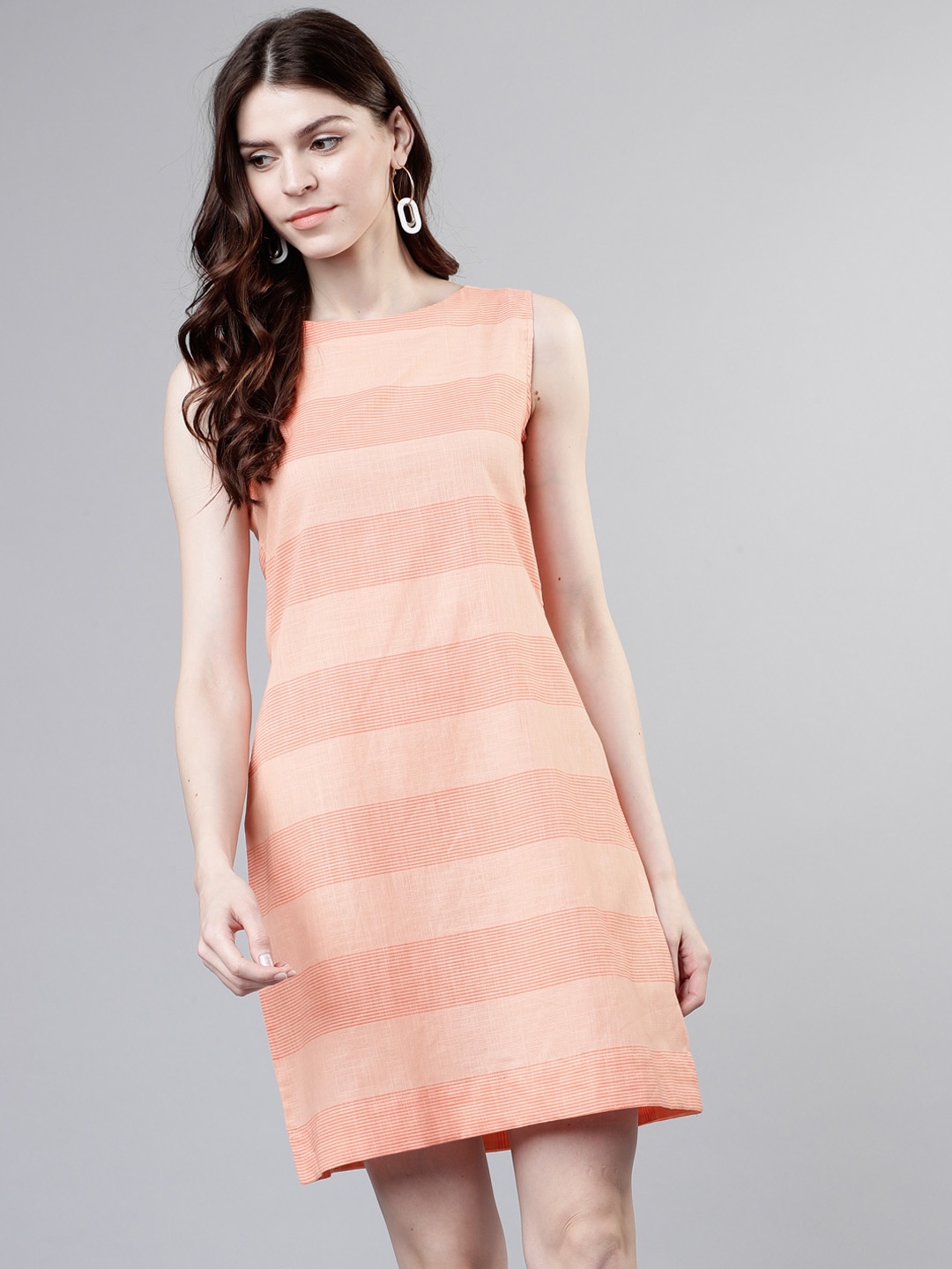 Vishudh Women Peach-Coloured Striped Sheath Dress