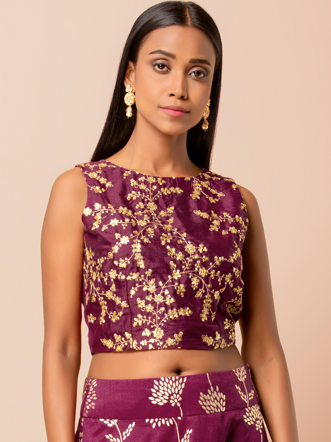 

INDYA Women Burgundy Embellished Crop Top