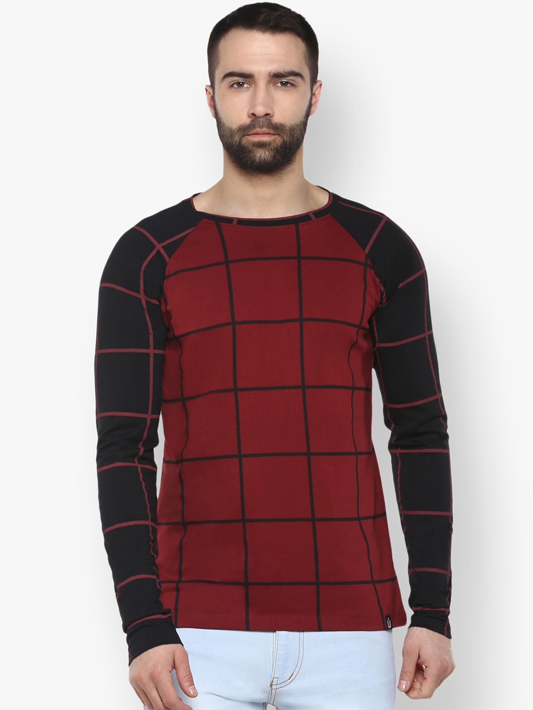 

Urbano Fashion Men Maroon Checked Round Neck Pure Cotton T-shirt