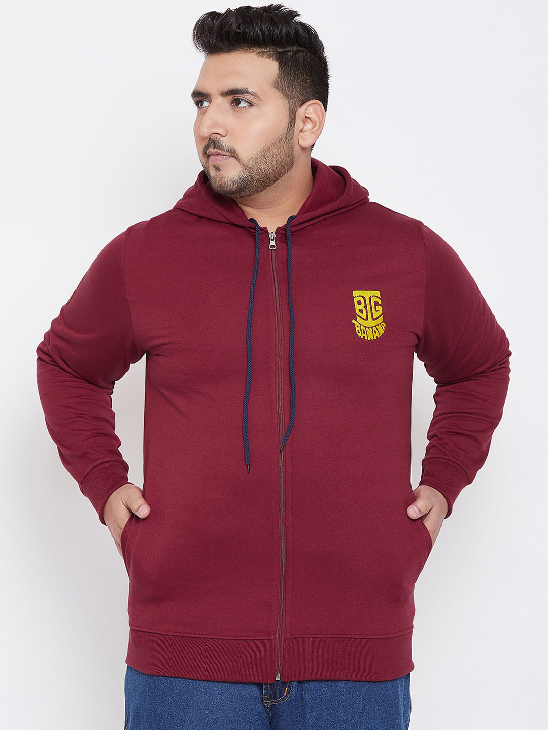 

bigbanana Plus Size Men Maroon Solid Hooded Sweatshirt