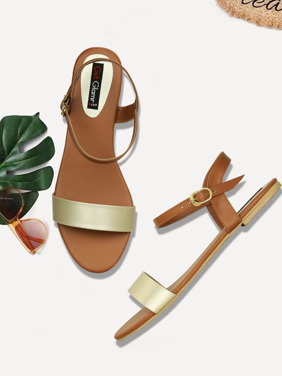 

Get Glamr Women Gold-Toned & Tan Brown Colourblocked Open Toe Flats