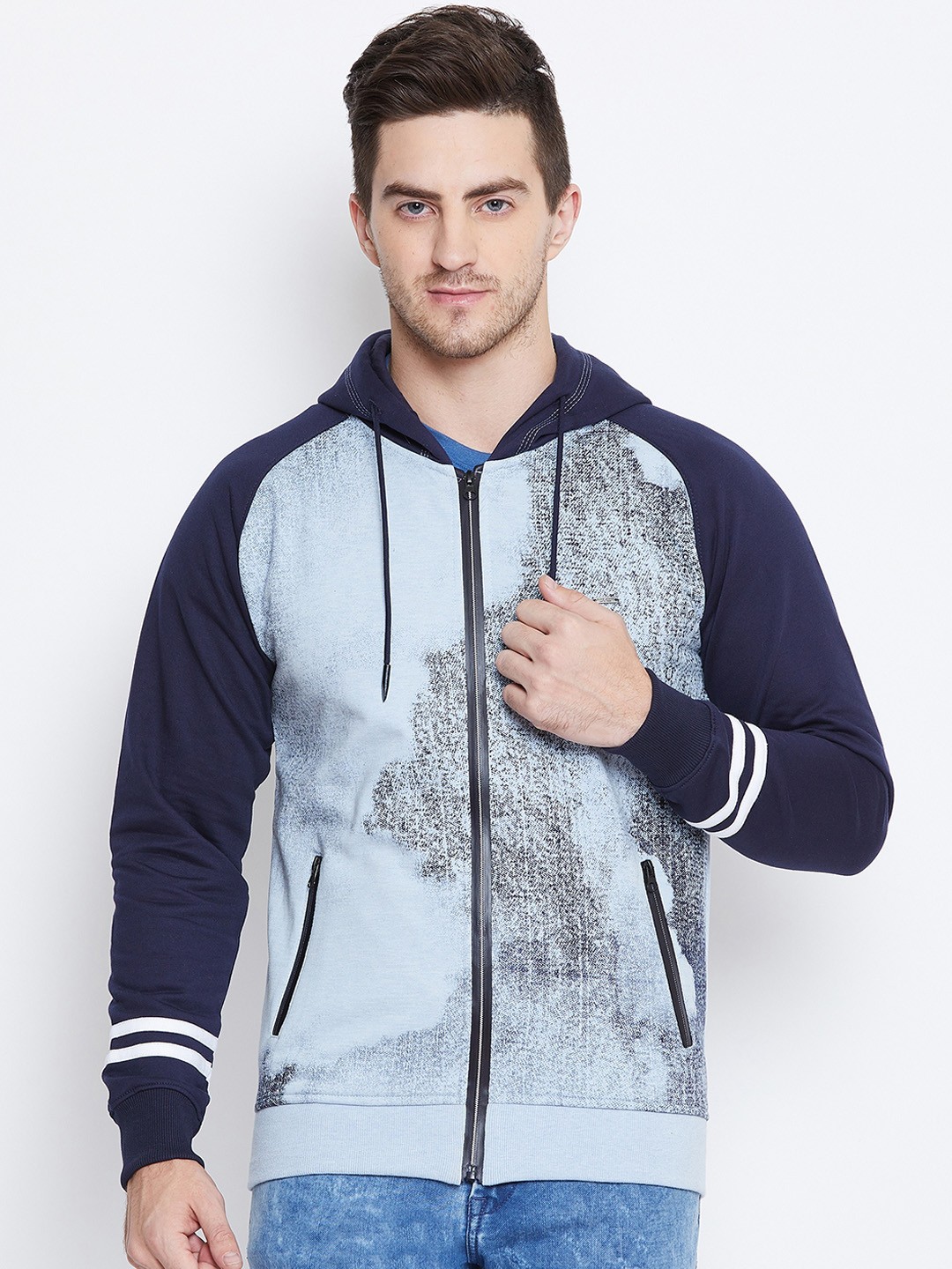 

Duke Men Blue Printed Hooded Sweatshirt